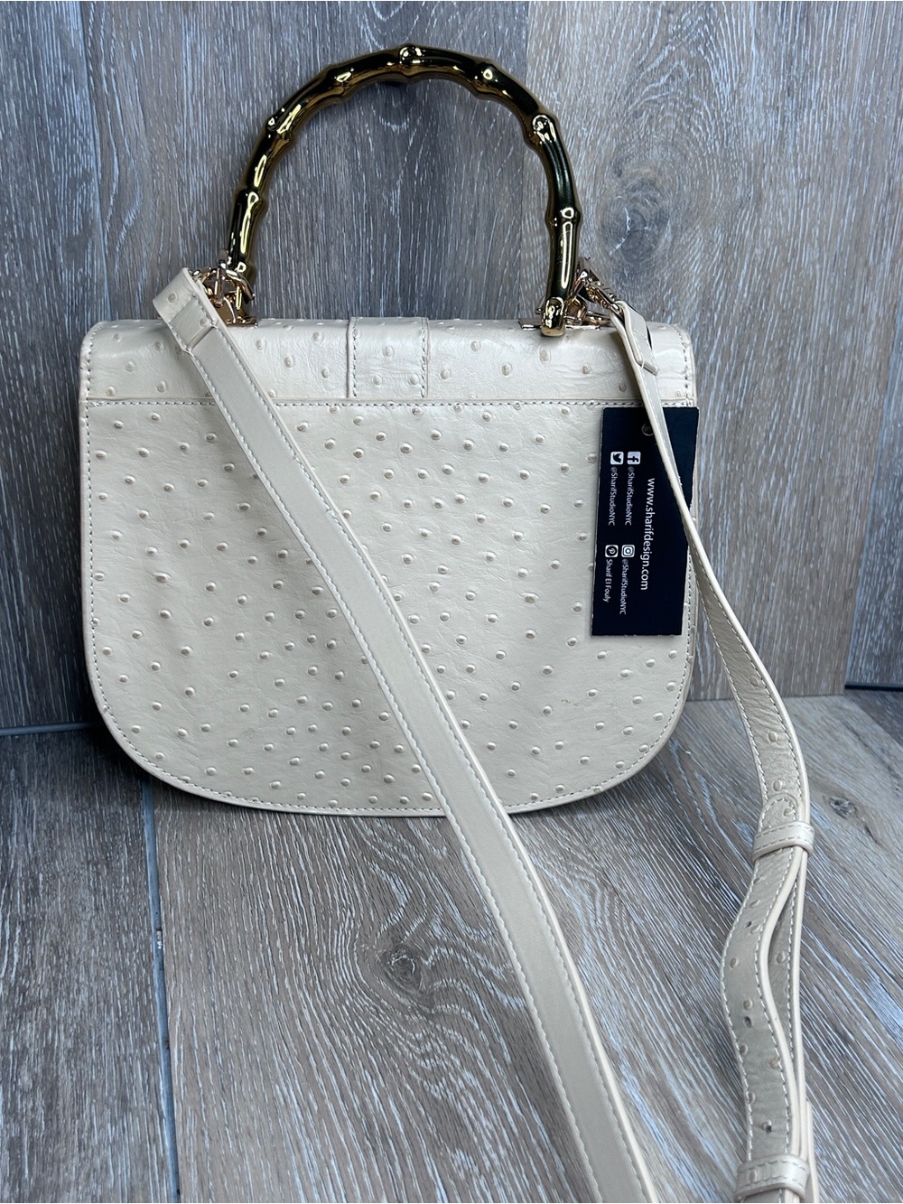 Sharif Legacy Cream Ostrich Lambskin Leather Bamboo Handle Satchel w/Dustbag NWT - Picture 13 of 16